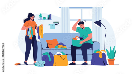 Exhausted couple feeling overwhelmed while trying to manage large piles of laundry in their messy living room.