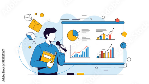 Professional speaker delivering an educational presentation on data analytics and financial performance to an audience.