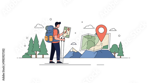 Adventurous hiker using a map and location pin to navigate through a beautiful mountainous landscape with evergreen trees.