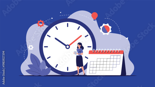 Efficient professional woman monitoring her time and schedule near a large symbolic clock and a detailed desk calendar.