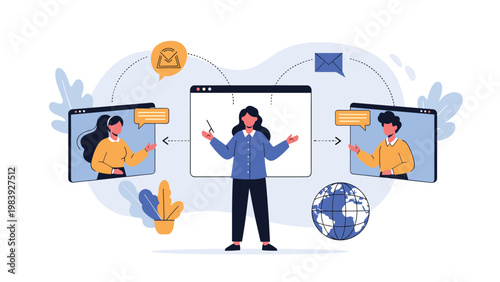 Business professional leads a video conference call with remote colleagues shown in separate digital windows on a blue background.