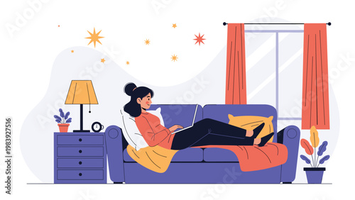 Young woman works on her laptop while lying comfortably on a sofa at night in a cozy room with a warm lamp and stars outside.