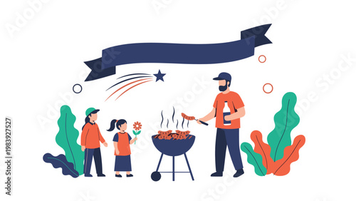 Father grills sausages for his two young children during a family barbecue outdoors under a decorative banner and starry sky.