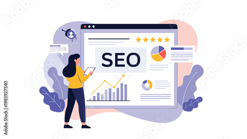 Female data analyst reviews a comprehensive search engine optimization dashboard featuring star ratings, charts, and growth graphs.