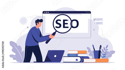 Student uses a magnifying glass to research search engine optimization topics on a laptop screen surrounded by academic books.