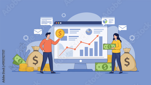 Financial partners celebrate profit growth and investment success with money bags, coins, and rising performance charts on screen.