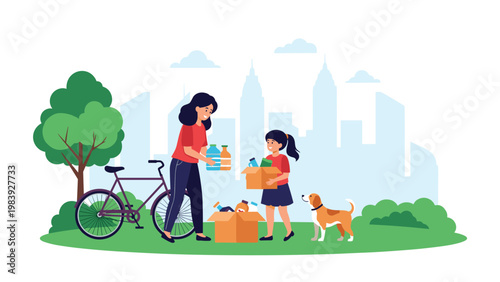 Mother and daughter volunteer for a community donation project by packing supplies into boxes in a park with a city skyline.