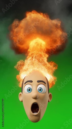 Cartoon man's head exploding in shock on green background