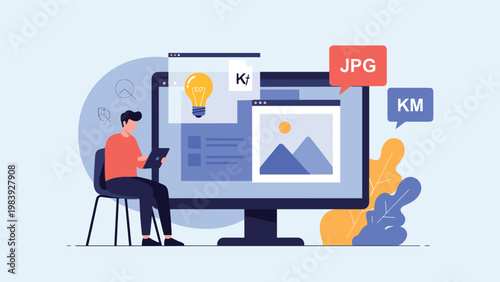 Creative professional works on a laptop next to a large monitor displaying photography, creative ideas, and file format labels.