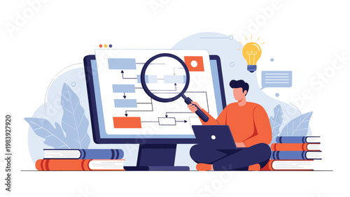 Analyst uses a magnifying glass to examine a complex workflow flowchart on a computer screen surrounded by educational books.