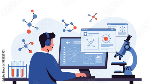 Scientist works on a computer in a laboratory surrounded by microscopes, test tubes, and complex molecular structures.