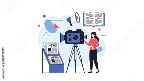 News reporter stands next to a video camera and newspaper stand while preparing a broadcast about current events and media.