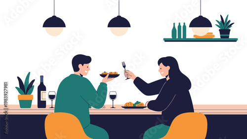 Couple enjoys a romantic dinner with wine and appetizers at a stylish counter in a modern kitchen with pendant lighting.