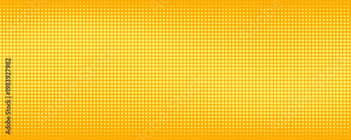 Yellow orange halftone background. Retro comic gradient background. Square pixilated dots cartoon texture. Pop art faded gradient pattern. Vector backdrop.