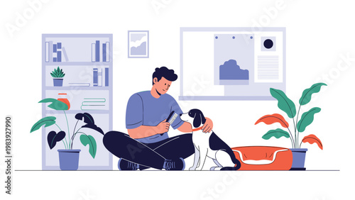 Man sits on the floor of his living room and carefully brushes his pet dog while surrounded by books and houseplants.