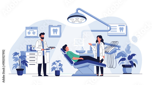 Professional dental team provides care to a patient in a modern clinic featuring medical lamps and advanced treatment equipment.