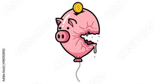 financial crisis economic recession and a broken piggy bank balloon with a coin inserted symbolizing savings lost to inflation.