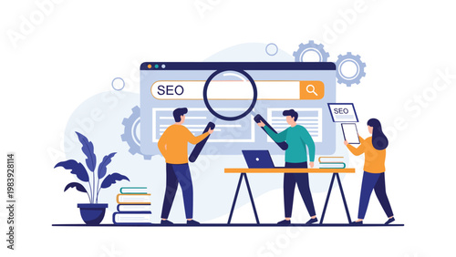 Marketing team performs search engine optimization by using a magnifying glass to analyze digital keywords and data.