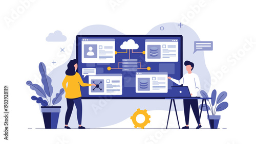 Professionals discuss cloud infrastructure and data server management while using a large digital network interface.