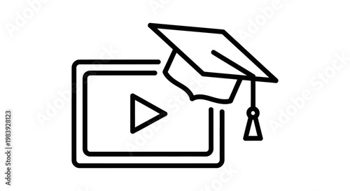 online education e-learning digital learning concept with graduation cap and video player icon illustrating academic success and modern learning