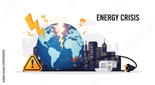 Stylized vector illustration showing a cracked globe with a lightning bolt striking it and a cityscape silhouette, alongside an electrical plug and bill, set against a bright white