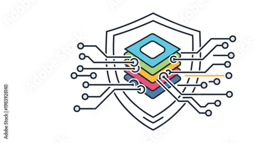 Multi-layered data protection concept features a large metallic shield defending a secure information architecture.