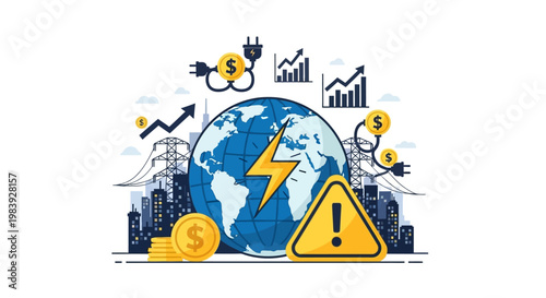 Detailed vector illustration displays a world globe with a lightning bolt, financial graphs, and warning sign, complemented by a power line silhouette and urban skyline, set against a clean