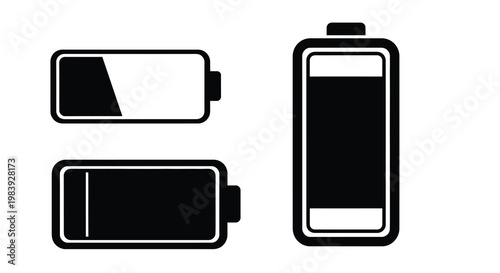 Black and white battery icons displaying varying charge levels silhouette