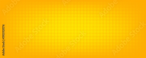 Yellow orange halftone background. Retro comic gradient background. Square pixilated dots cartoon texture. Pop art faded gradient pattern. Vector backdrop.