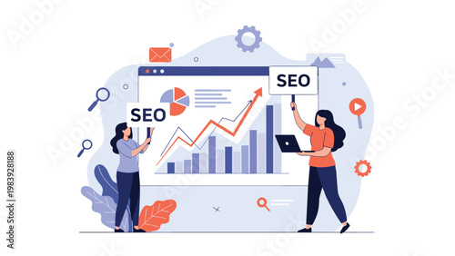 Business analysts monitor search engine optimization progress on a large line graph to improve website traffic and ranking.