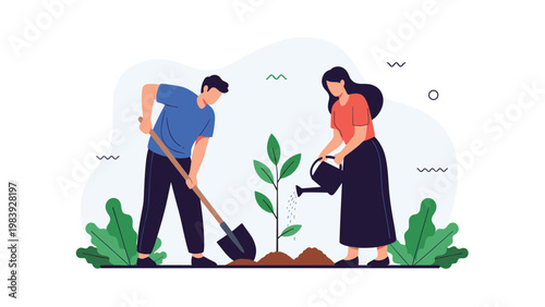 Couple works together in a garden to plant a small tree and water it carefully to support environmental sustainability.