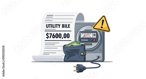 A conceptual illustration shows a high utility bill next to a meter and a wallet with cash, accompanied by a yellow warning sign, all set against a clean white backdrop, conveying a sense
