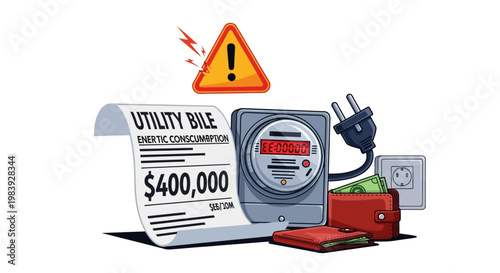 Illustration depicting a high utility bill of $400,000 displayed next to an electric meter, wallet with cash, and a wall outlet against a clean white background, presented in a flat lay