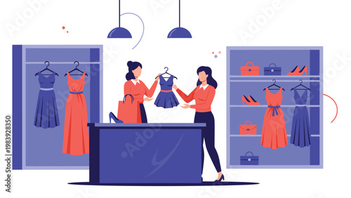 Two friends enjoy shopping for fashionable dresses and accessories in a high-end clothing store or boutique.