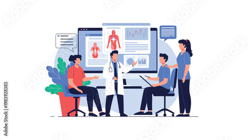 Medical team analyzes human anatomy and healthcare data on a large monitor during a professional hospital consultation.