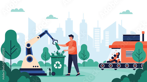 Man and robotic machine work together to collect and sort plastic waste for recycling in a sustainable urban environment with a city background.