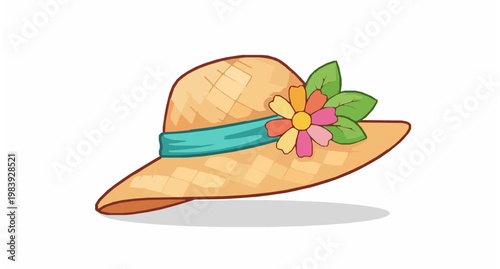 Cartoon straw hat with flower decoration in playful spring style vector illustration isolated on white
