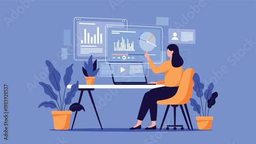 Professional female analyst monitors business performance and financial data on multiple interactive virtual screens while working in a home office.