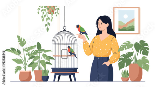 Cheerful woman enjoys her hobby of caring for plants and pet parrots in a sunny room while one bird balances on her hand and another is in a cage.
