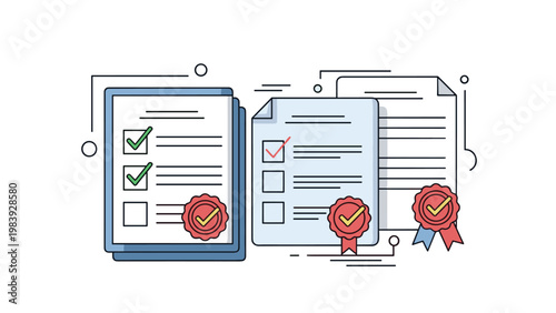 Collection of completed checklists and official documents displaying green checkmarks and gold seals of approval for quality assurance certification.