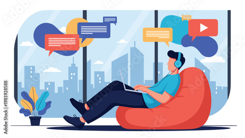 Man relaxes in a comfortable red beanbag chair while working on a laptop and listening to music with floating social media icons in a modern space.