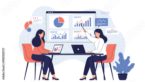 Professional women collaborate in a modern office to discuss business analytics and performance metrics displayed on a large digital interface.