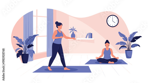 Two women practice yoga and meditation in a peaceful studio with large windows and indoor plants to improve their physical and mental health.