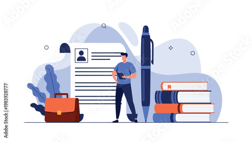 Job seeker stands next to a giant resume and stack of books while preparing for a career interview in a professional corporate environment.