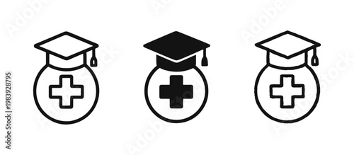 Medical education icon set with mortarboard and flask, healthcare degree symbols in thin line, solid and hand drawn
