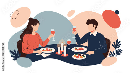 Romantic couple shares a special candlelit dinner with wine and delicious food in a cozy setting to celebrate their anniversary or a date night.