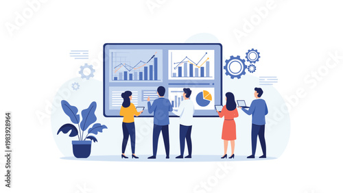 Group of corporate employees stands in front of a giant digital dashboard to monitor real time business data and key performance indicators.