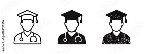 Obraz na plátne Medical student graduation icon set, doctor with mortarboard symbols in thin lin