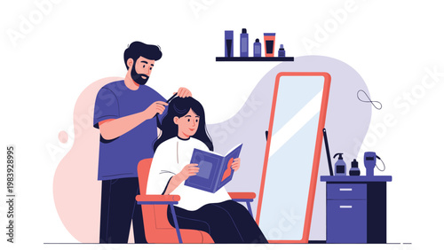 Professional male hairstylist cuts a woman's hair in a modern salon while she enjoys reading a book during her beauty treatment session.