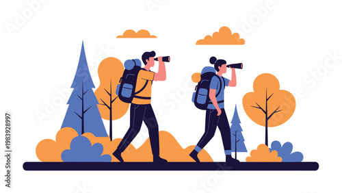 Pair of hikers with backpacks explore a scenic mountain trail while using binoculars to observe nature during an outdoor adventure trip.